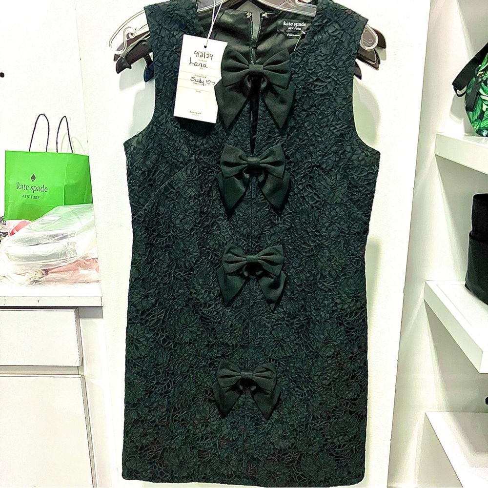 kate spade - $498 Black Sleeveless Lace Sheath Mini Dress w/ Bow Appliqués, 12